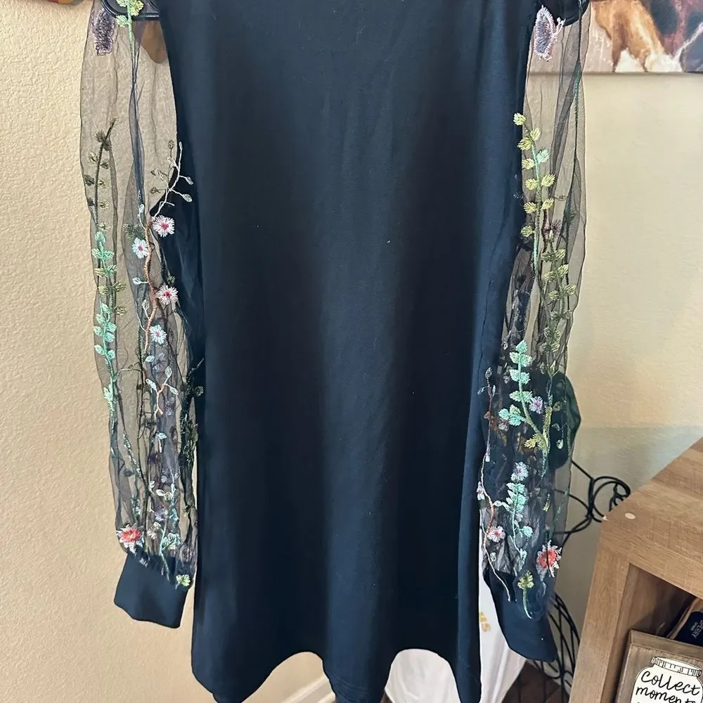 Black Tunic Dress with Embroidered Sheer Sleeves - Picture 5 of 6